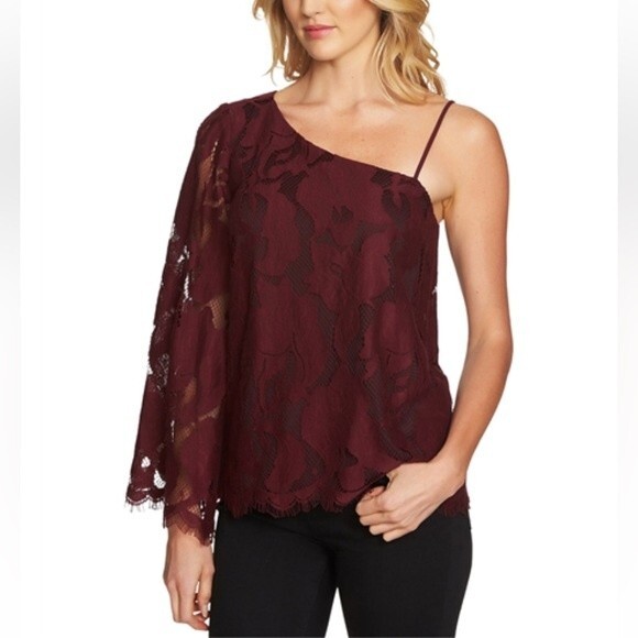 NWT 1.State | The Curator Women’s One Shoulder Lace Deep Claret Top XS - Picture 1 of 7